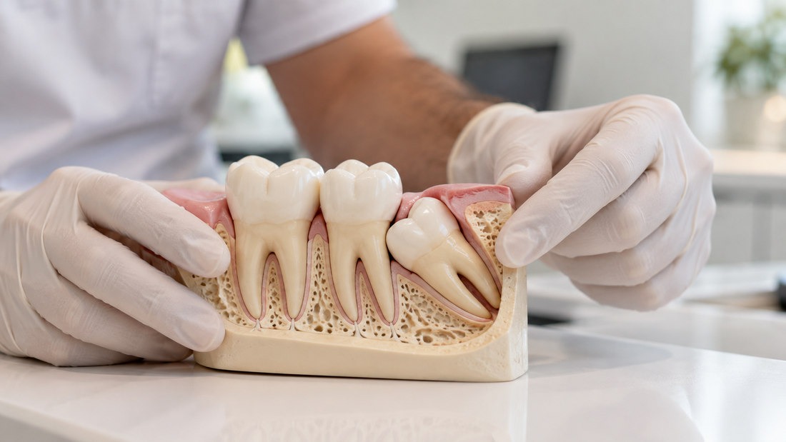 Modelo anatómico dental que muestra un tercer molar retenido y su relación con la muela vecina
