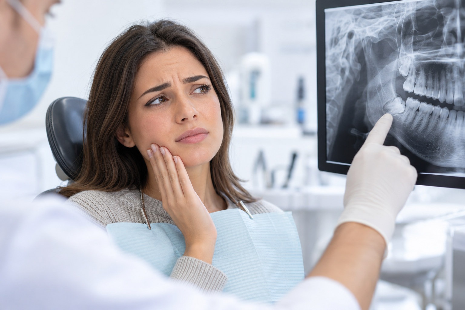 Paciente y dentista valorando la posición de una muela del juicio en una radiografía