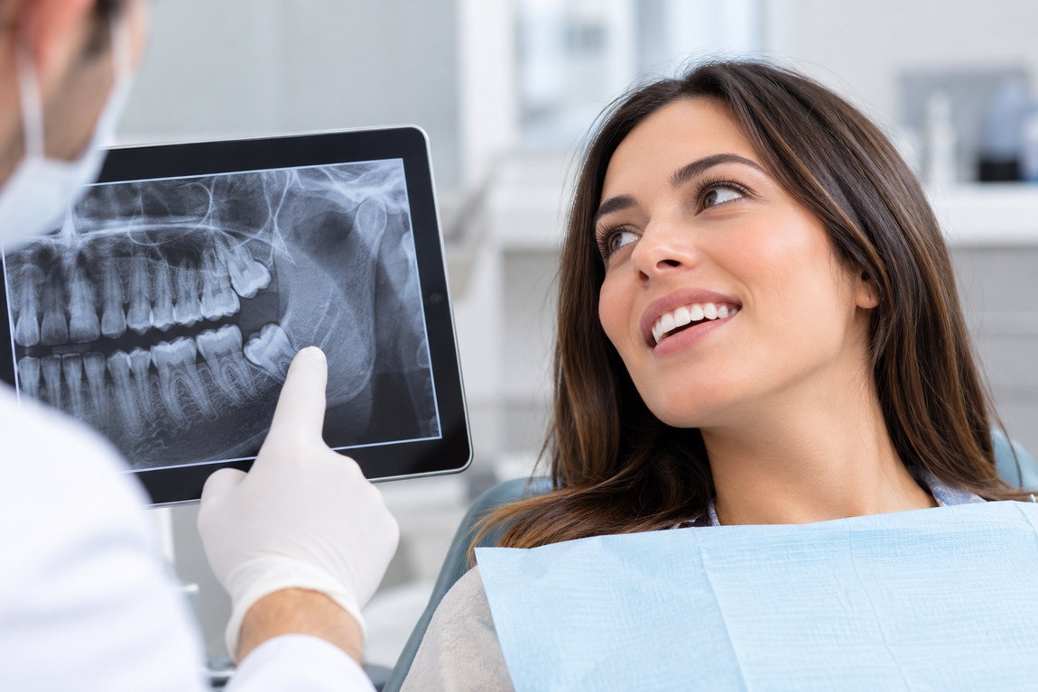 Paciente sonriendo durante una explicación de la radiografía dental en una consulta odontológica